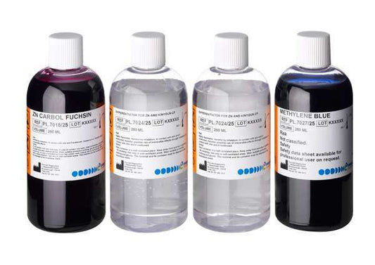 PLB8060/25 - Kit de coloration MYCOBACTERIES: 4x flacons 250ml prêts à l'emploi : 1x Ziel Neehlsen Carbol Fuchsine / 2x Différentiateur / 1x Methylène bleu